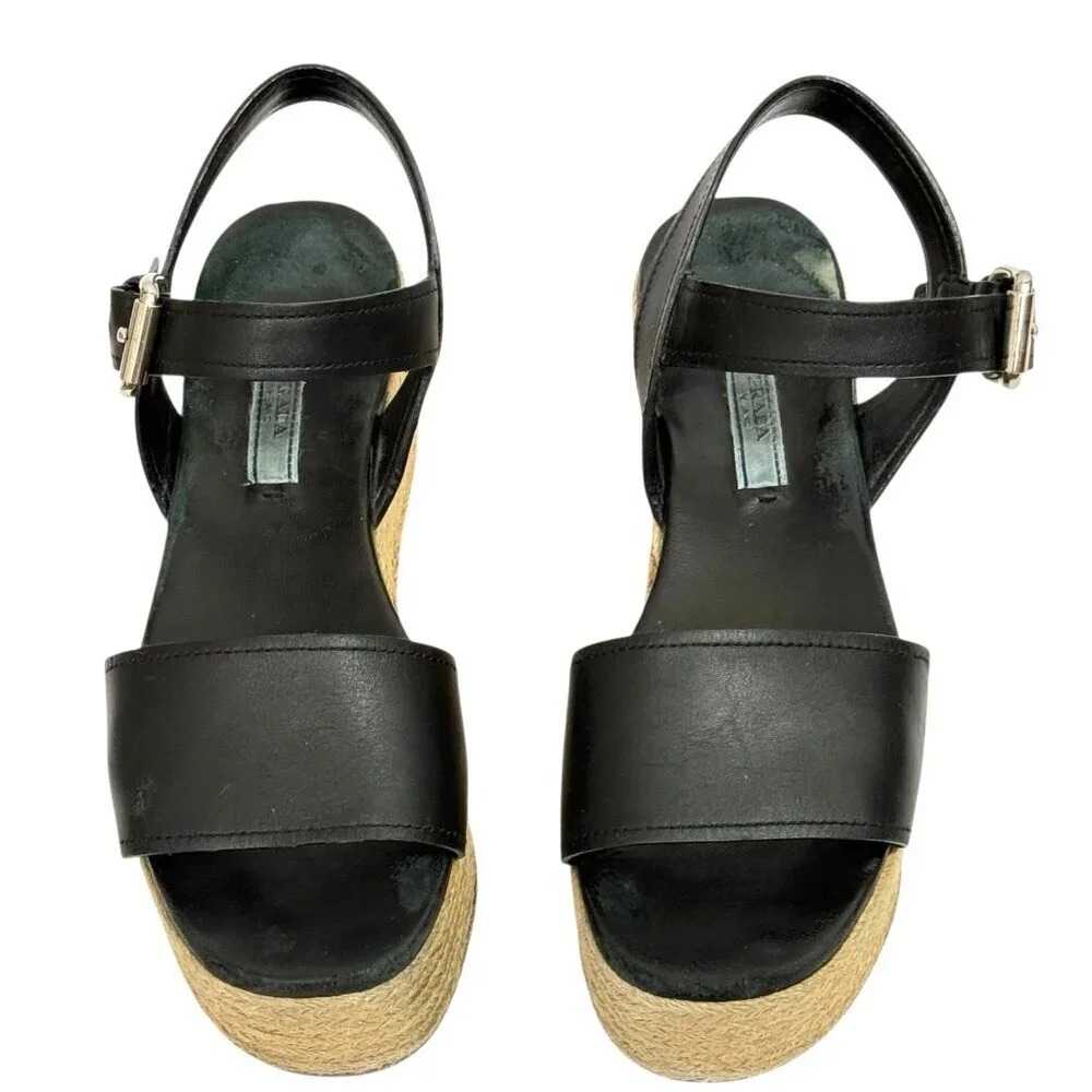 Prada Platform Espadrille Sandals Black Leather Open Toe Size EU 36.5/ US 6.5 - Picture 2 of 16